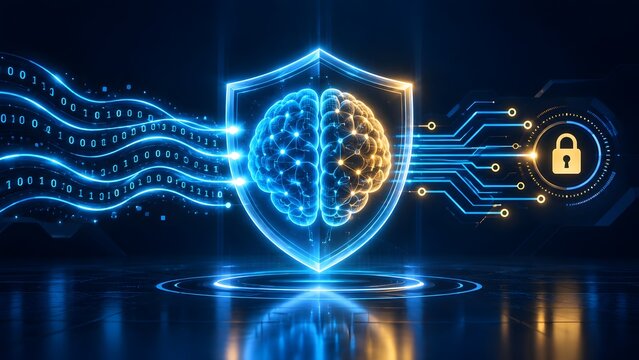 Artificial intelligence brain inside a glowing security shield protecting digital data and cyber networks with a padlock icon