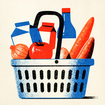 Retro risograph shopping basket filled with groceries / vintage retail poster
