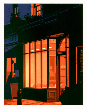 Retro risograph glowing shop window at night / vintage retail poster

