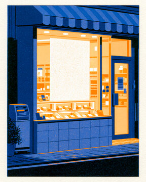 Retro risograph glowing shop window at night / vintage retail poster

