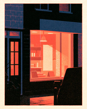Retro risograph glowing shop window at night / vintage retail poster

