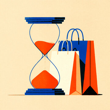 Retro risograph hourglass beside shopping bags for a limited time sale / vintage poster

