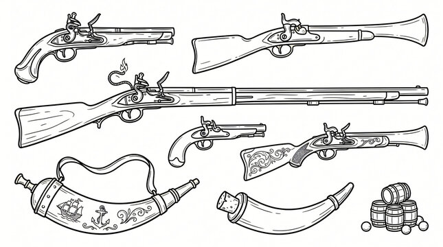 Early Black Powder Firearm Line Art Doodle Graphic Pack Flintlock Pistol Blunderbuss Matchlock Musket Powder Horn Contour Hand Drawn Line Isolated White Background Completely Textless Words