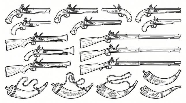 Early Black Powder Firearm Line Art Doodle Graphic Pack Flintlock Pistol Blunderbuss Matchlock Musket Powder Horn Contour Hand Drawn Line Isolated White Background Completely Textless Words