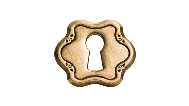 Isolated ornate brass keyhole escutcheon with decorative frame and white letter D (1995)