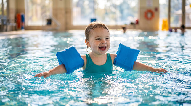 Joyful toddler wearing arm floaties splashes in a bright indoor swimming pool