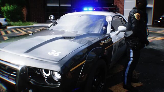 Police Car with Flashing Lights Near Police Department Building. Realistic 4k animation.