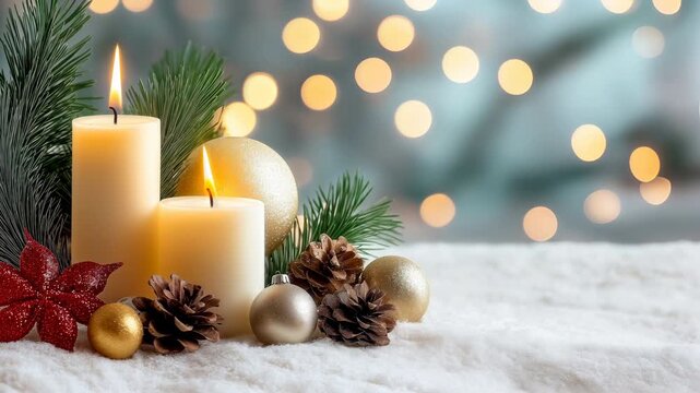 Three glowing candles with pine branches cones and ornaments create a warm Christmas still life