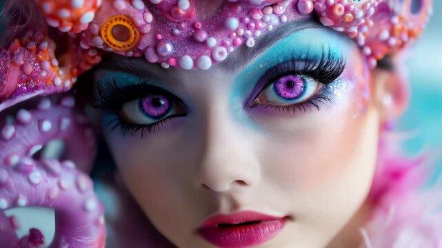 Fantasy woman with jeweled headdress and dramatic purple eye makeup in an extreme close portrait