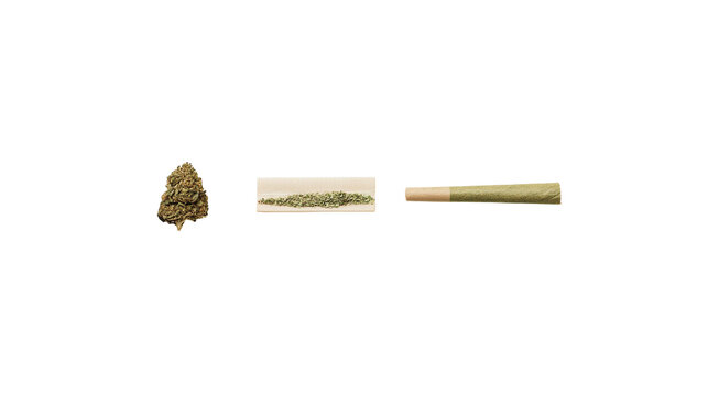 Isolated cannabis bud, ground marijuana in rolling paper, and a perfectly rolled joint