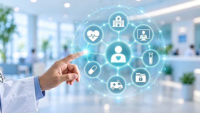 Doctor interacting with advanced digital healthcare network dashboard showing medical icons for hospital telemedicine pharmacy and patient data.