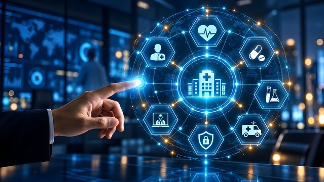 Digital healthcare network and medical technology concept with interactive glowing dashboard displaying hospital clinic pharmacy and patient icons.