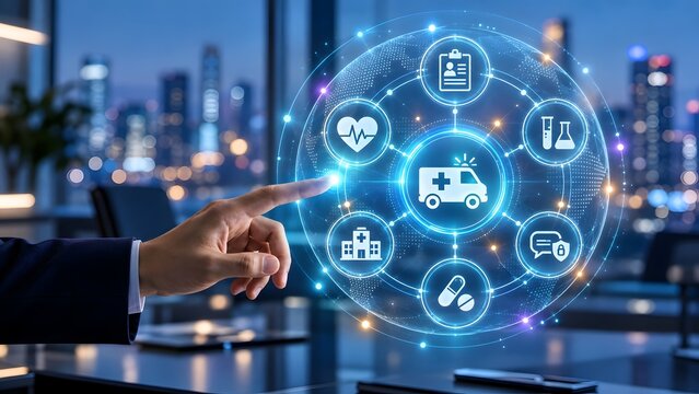 Digital healthcare network and medical technology concept featuring interactive glowing dashboard with icons for hospital clinic pharmacy and patient records.