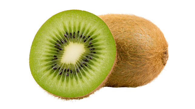 Isolated fresh whole and sliced kiwi fruit revealing vibrant green pulp and seeds