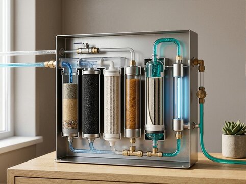 Cross section model of a multi-stage water recycling and filtration system. Educational display showing purification process with sand, carbon, and UV filters