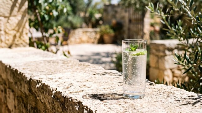 Glass of sparkling water with lime on a sunlit stone ledge in a Mediterranean garden.