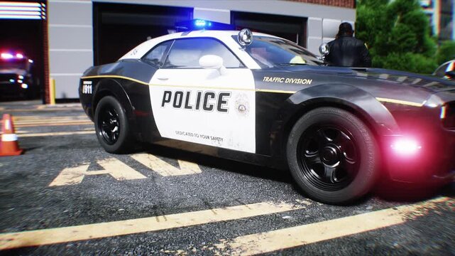 Police Car with Flashing Lights Near Police Department Building. Realistic 4k animation.