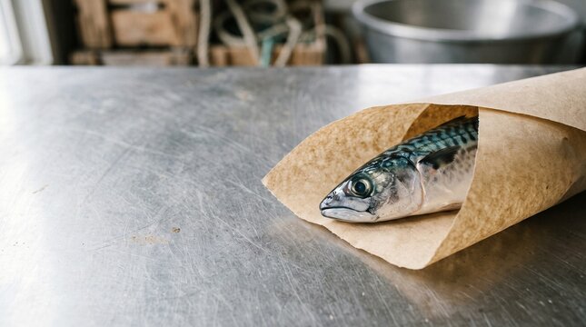Fresh raw mackerel fish wrapped in butcher paper on a clean industrial metal table surface.