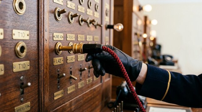 Hand in black leather glove plugging cord into vintage telephone switchboard. Antique communication panel with brass jacks and toggle switches. Retro technology concept