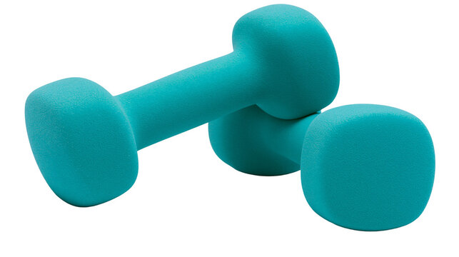 Isolated pair of teal dumbbells for home fitness, strength training, and healthy exercise