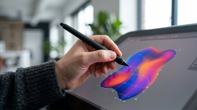 Digital artist editing a vibrant vector shape with a gradient mesh tool. Close up of hand holding stylus on graphic tablet screen. Creative design workflow