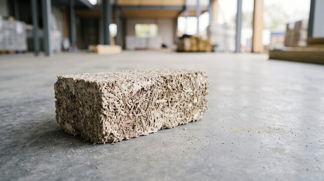 Hempcrete building block on construction site, sustainable eco-friendly construction material.