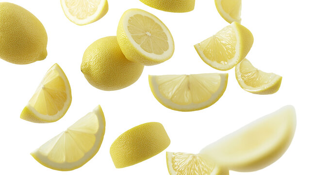 Isolated juicy ripe yellow lemons whole and various slices arranged dynamically on light backdrop