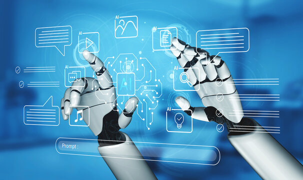 Robotic hands interact with a digital interface, emphasizing the impact of artificial intelligence on technology in modern workspaces and its role in future advancements. Cyphers