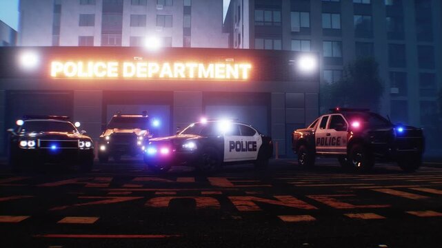 Police Department Building in City with Patrol Cars Ready for Dispatch. Realistic 4k animation