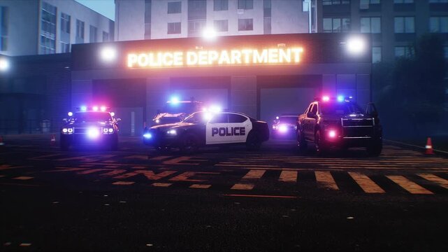 Police Department Building in City with Patrol Cars Ready for Dispatch. Realistic 4k animation