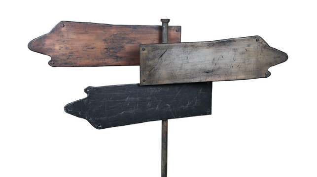 Isolated vintage empty rustic wooden multiple arrow signs on a pole pointing different directions