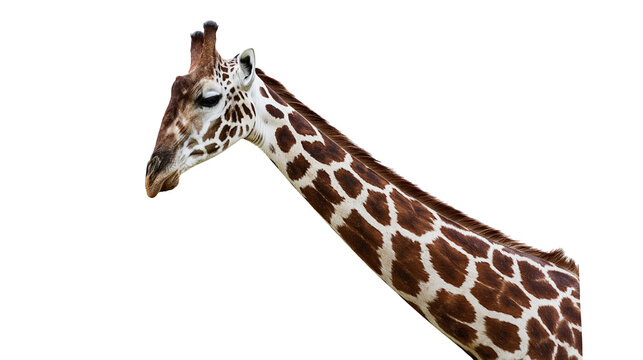 Isolated wild giraffe head and elegant long neck with distinctive brown and white fur pattern