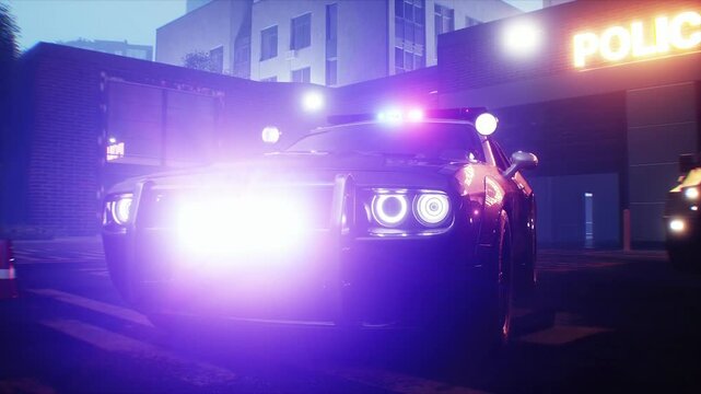 Police Car with Flashing Lights Near Police Department Building. Realistic 4k animation.