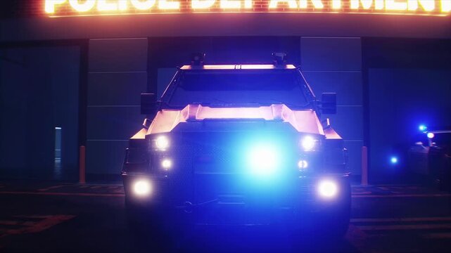 Police Car with Flashing Lights Near Police Department Building. Realistic 4k animation.