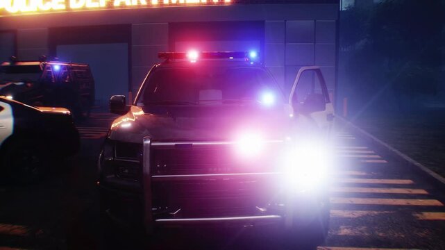Police Car with Flashing Lights Near Police Department Building. Realistic 4k animation.