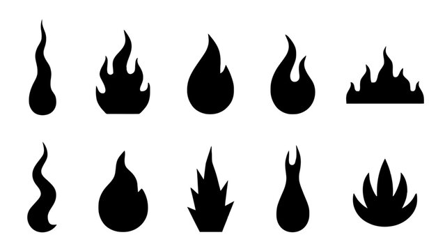 Black fire flame silhouette collection with varied flame shapes, blazing fire, stylized sparks and flowing tongues of flame. Bold vector elements for energy, heat, camping and graphic design