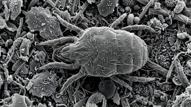 Dust mite seen through a scanning electron microscope showing detailed body structure and debris