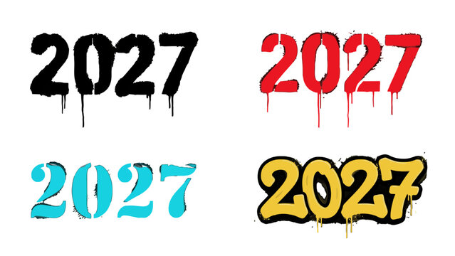Set of three colorful graffiti style numbers representing the year twenty twenty seven isolated on a black background for new year design projects