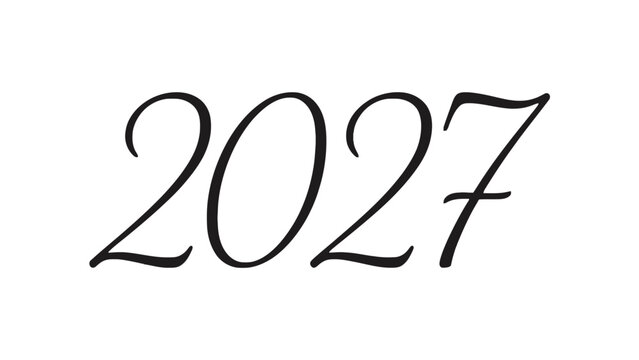 A minimalist and elegant representation of the year 2027 written in a thin cursive script font isolated on a solid black background design
