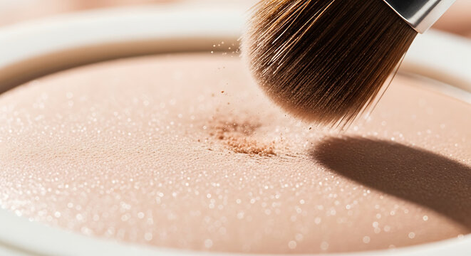 Close up of a makeup brush applying shimmering peach blush to powder cosmetics