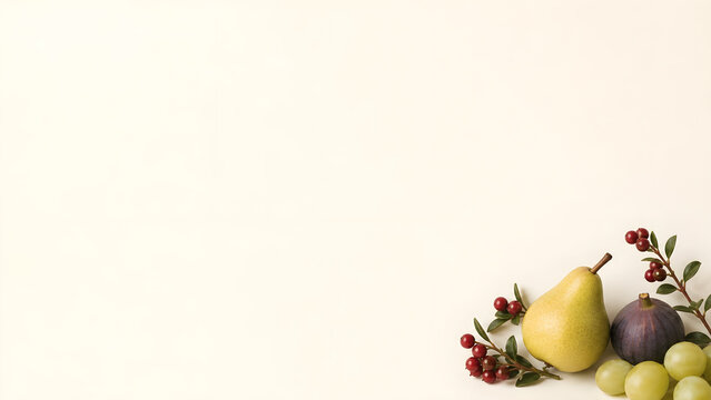 Pear and fig corner accent on pale ivory background with copy space