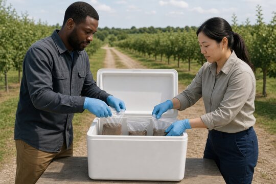 Regenerative Agriculture Soil Sampling - two technicians pack samples into a cooler