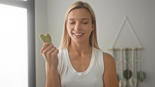 Woman holding green heart shaped gua sha stone near face while smiling, wearing white tank top with macrame wall hanging in studio; self care serenity.