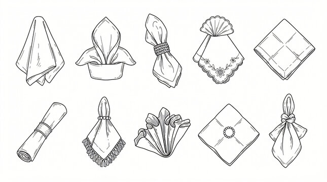 Fabric Dinner Napkin Line Art Doodle Illustration Set Hand Drawn Folded Linen Cloth Decorative Napkin Ring Top View Black Contour Pristine White Negative Space Completely Textless Words