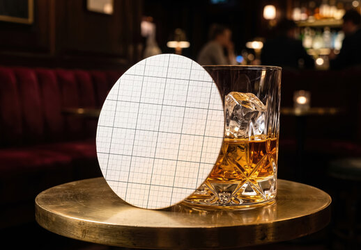 Coaster Mockup Leaning Against Whiskey on Elegant Bar