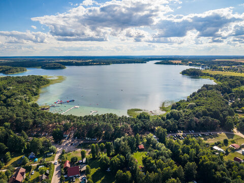 Lubikowo lake aerial view of the main beach. Poland