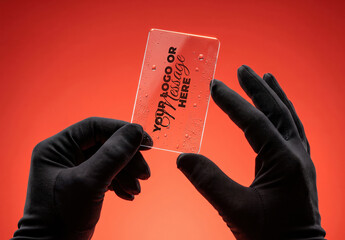 Gloved Hands Holding Acrylic Card Logo Branding Mockup