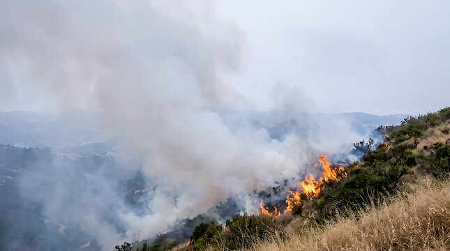 A red firefighting helicopter flying over a hillside wildfire with thick white smoke rising into the sky and bright orange flames in the brush