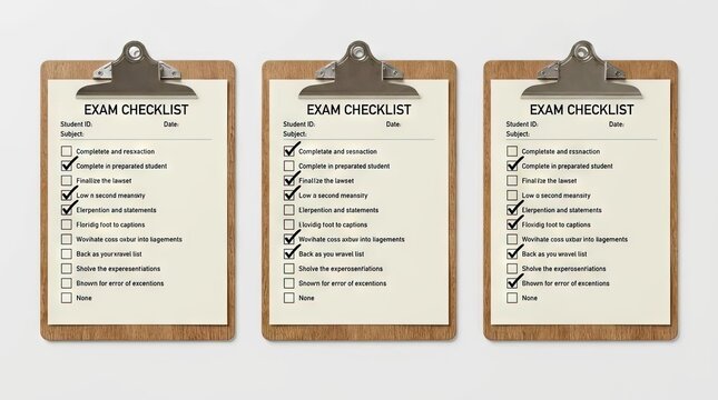 Three clipboards with exam checklist forms.
