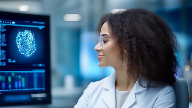 Female scientist beside digital brain scan in a modern laboratory turns and smiles with confidence